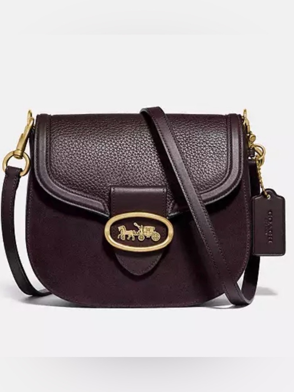 Coach Kat Saddle Bag horse and carriage motif logo suede pebbled leather oxblood